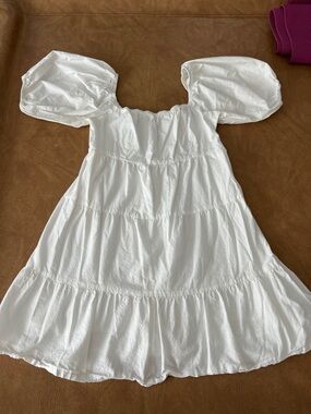 Girls White Puff-Sleeve Tiered Day Dress